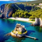 Coastal castle with red towers, turquoise waters, rocky coves, serene beach