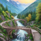 Tranquil river and stone bridge in mountainous landscape