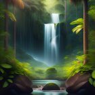 Tranquil tropical waterfall in lush green setting