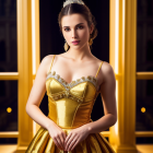 Woman in golden ball gown with heart-shaped neckline and tiara against ornate background