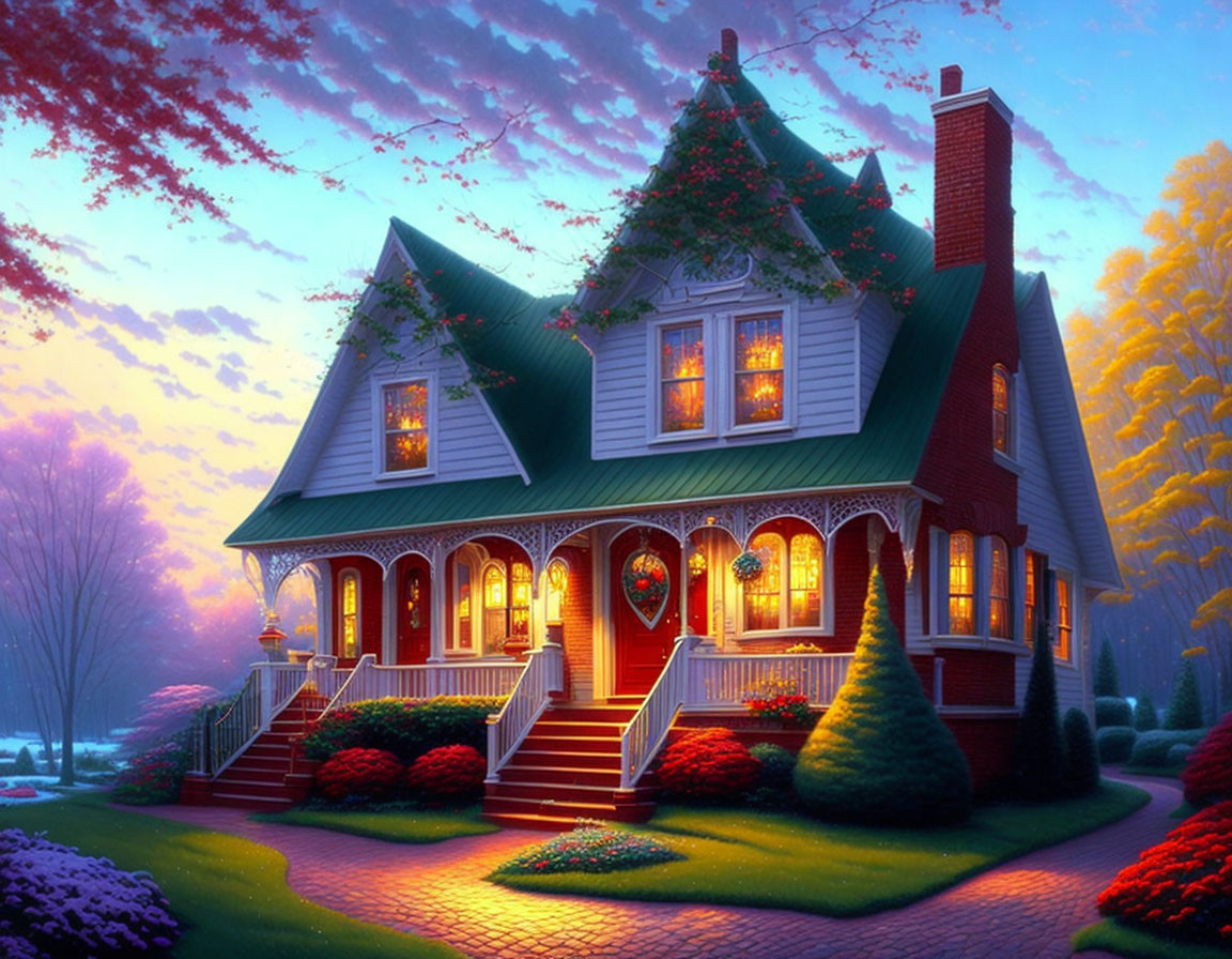 Twilight scene of a charming two-story house with illuminated windows and lush greenery