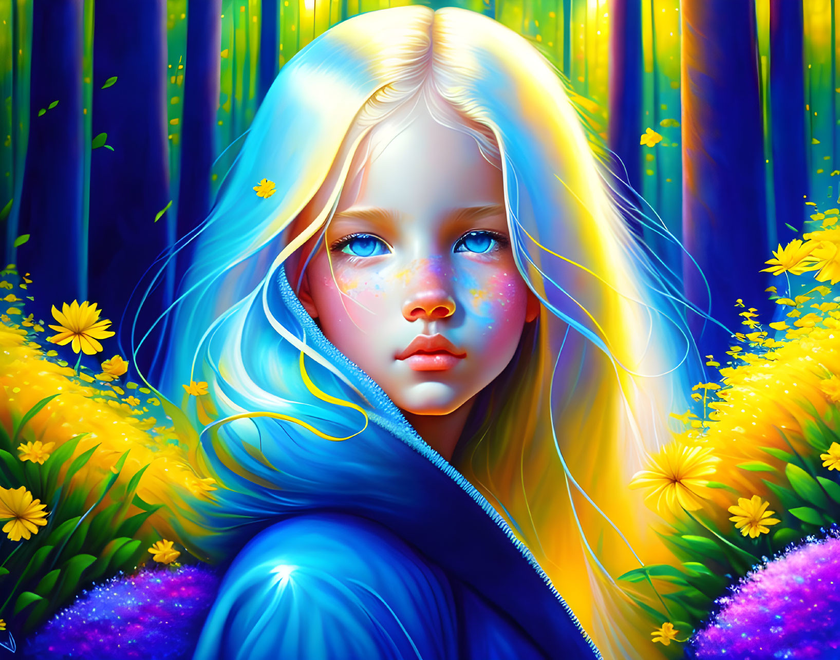 Colorful digital artwork: Girl with multicolored hair in luminous forest