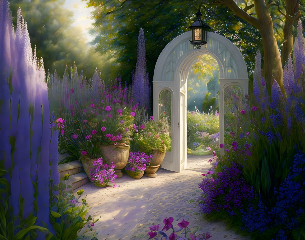 Tranquil garden path with purple flowers, greenery, and white arched gate