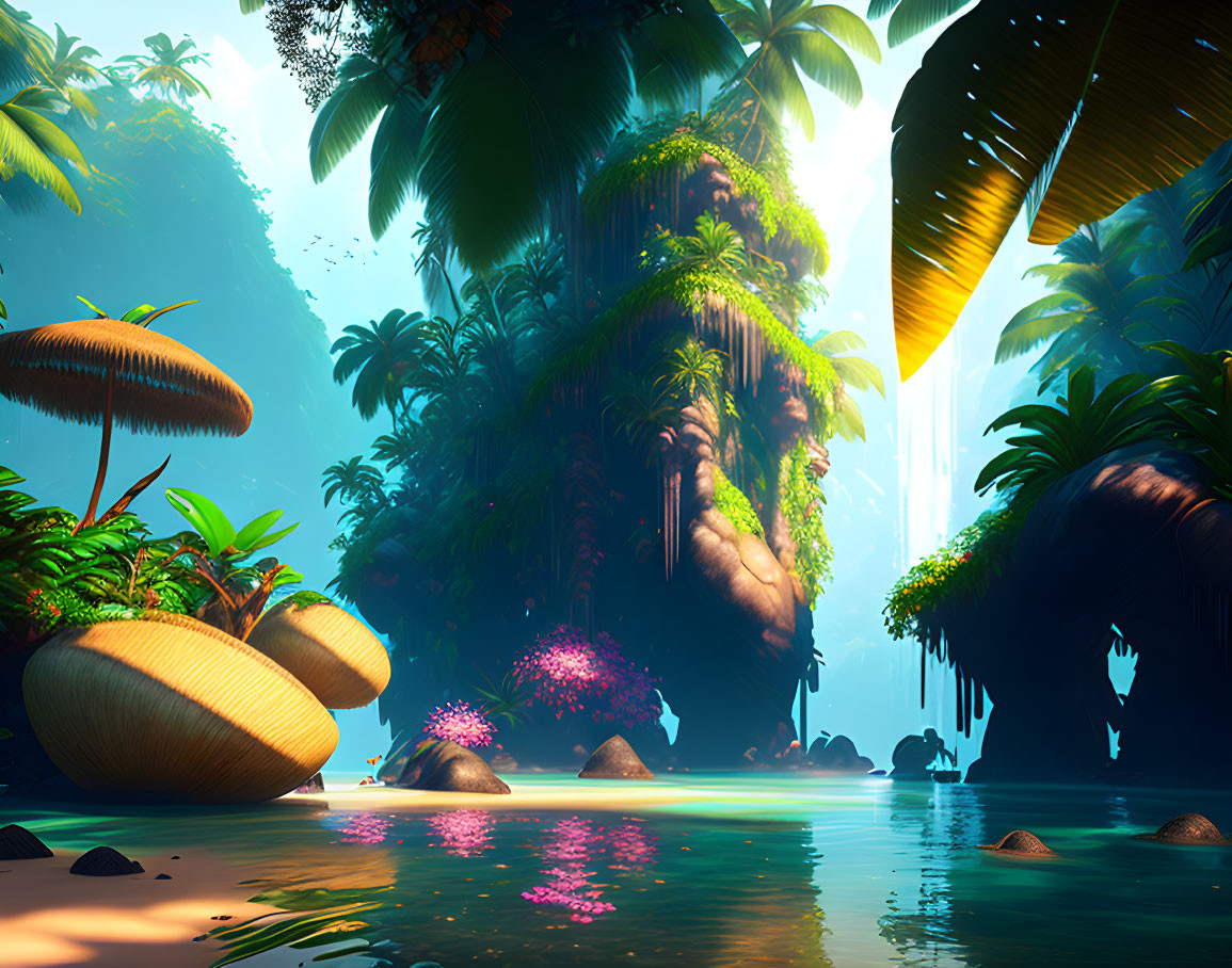 Vibrant digital artwork: Tropical jungle with lush vegetation & serene river