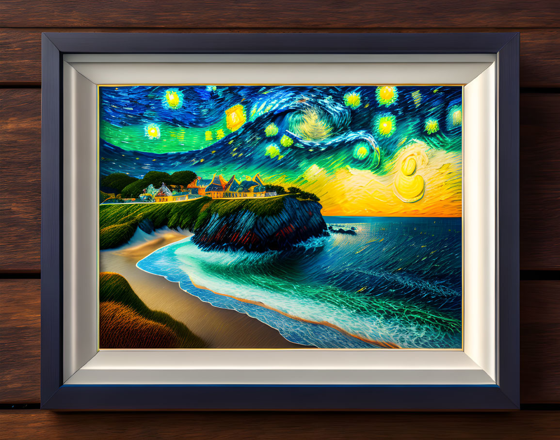 Framed Coastal Landscape with Swirling Skies on Wooden Surface