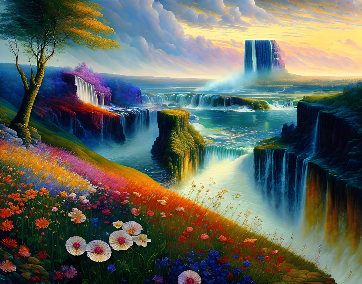 Scenic landscape with waterfalls, colorful flora, and dramatic sky