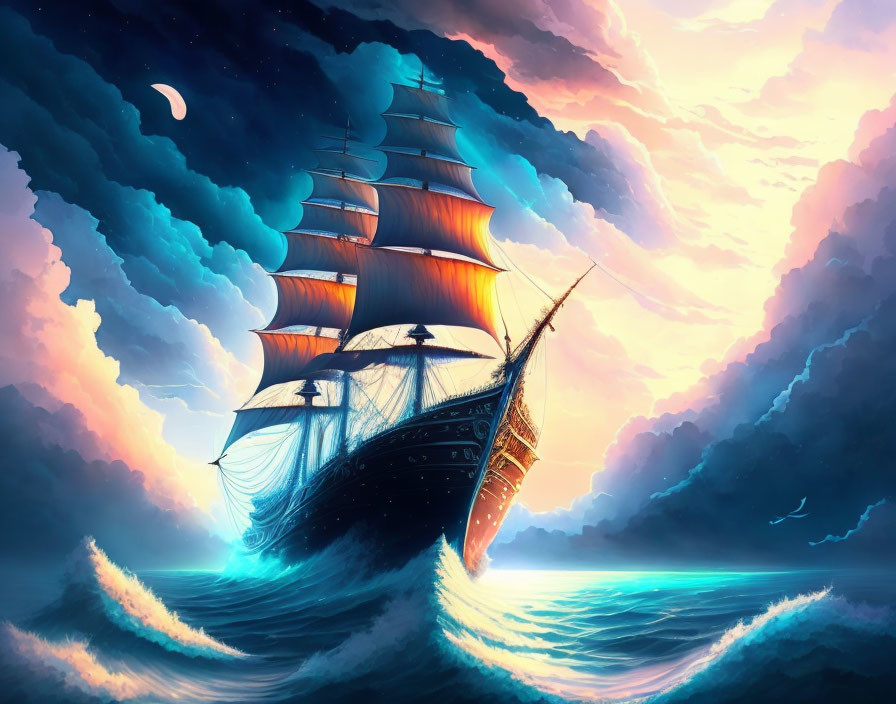 Majestic ship sailing on turbulent seas under dramatic blue and orange sky