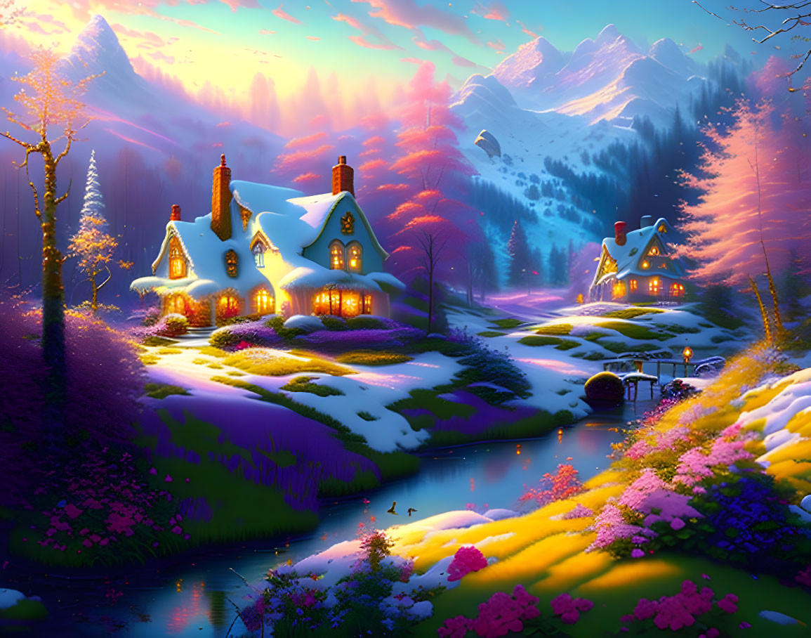 Snow-covered cottages in serene winter dusk landscape