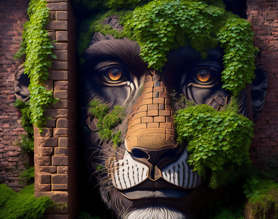 Digital artwork: Mandrill face merged with green foliage and brick walls