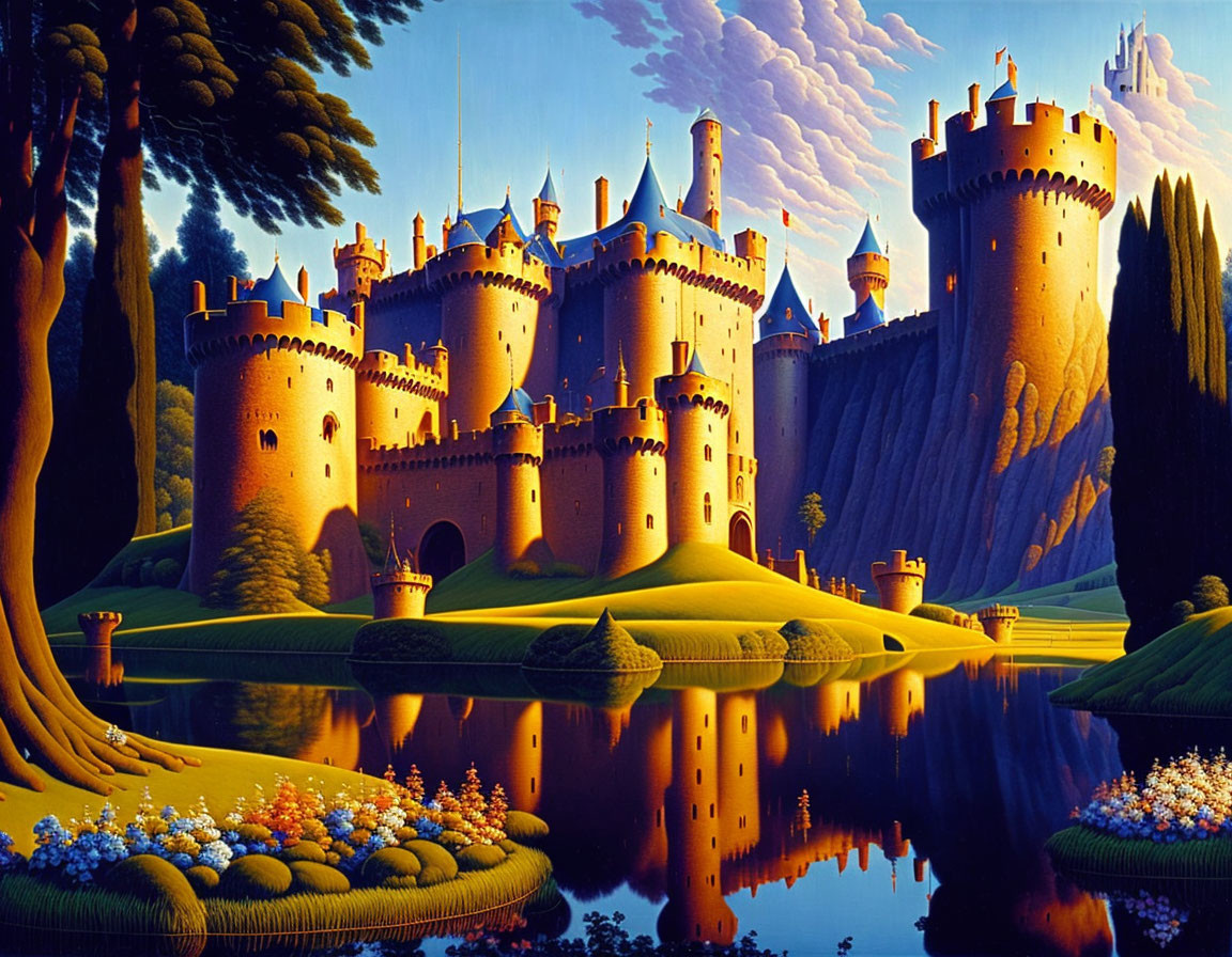 Majestic castle with towers reflected in lake amidst serene landscape