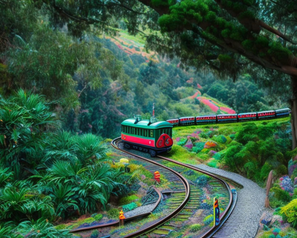 Colorful model train winds through lush garden with green and red cars.