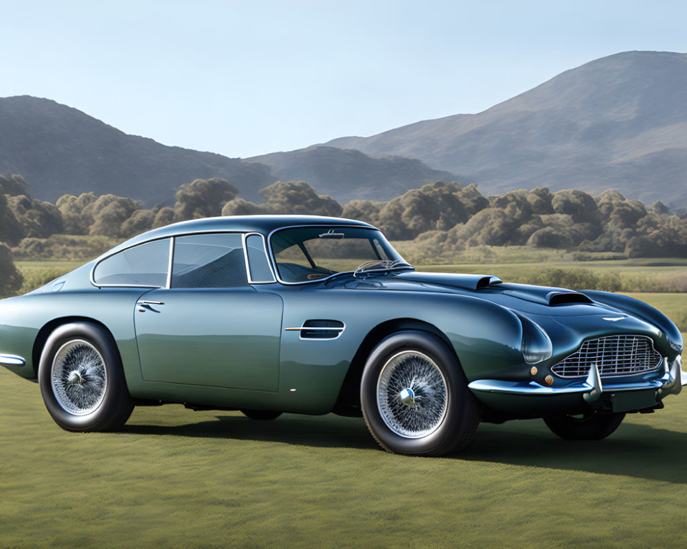 Vintage Blue Aston Martin DB5 on Grass with Rolling Hills Background