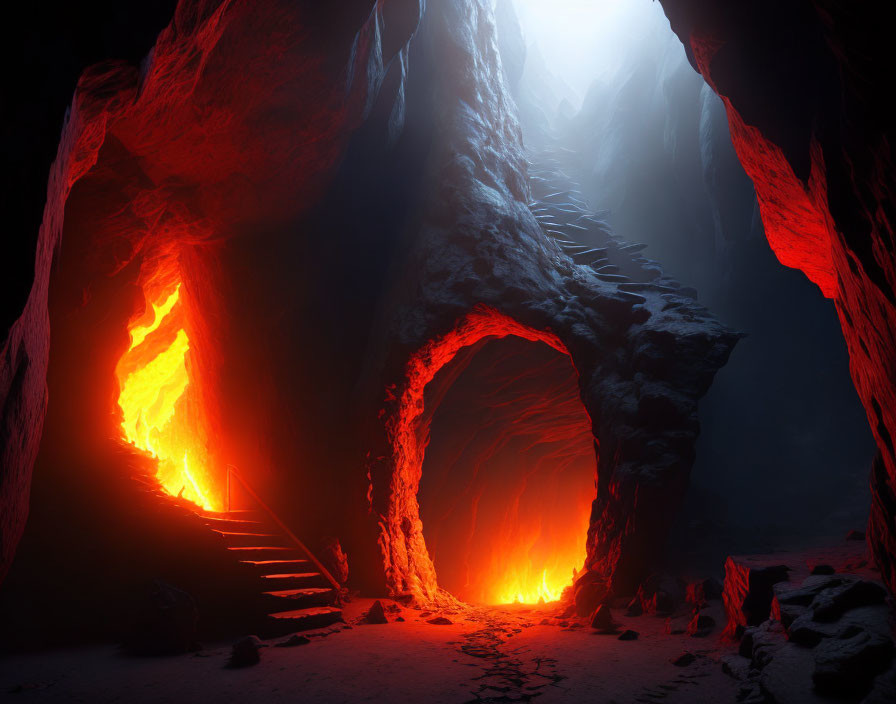 Mystical subterranean landscape with glowing lava flows and ominous staircases