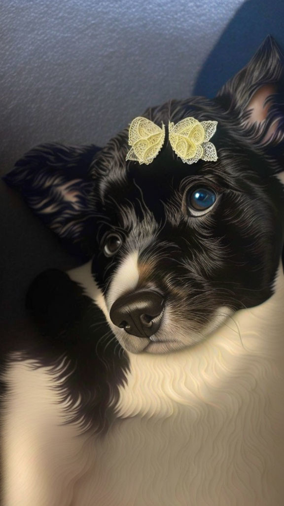 Black and white dog with one blue eye and butterfly in sunlight