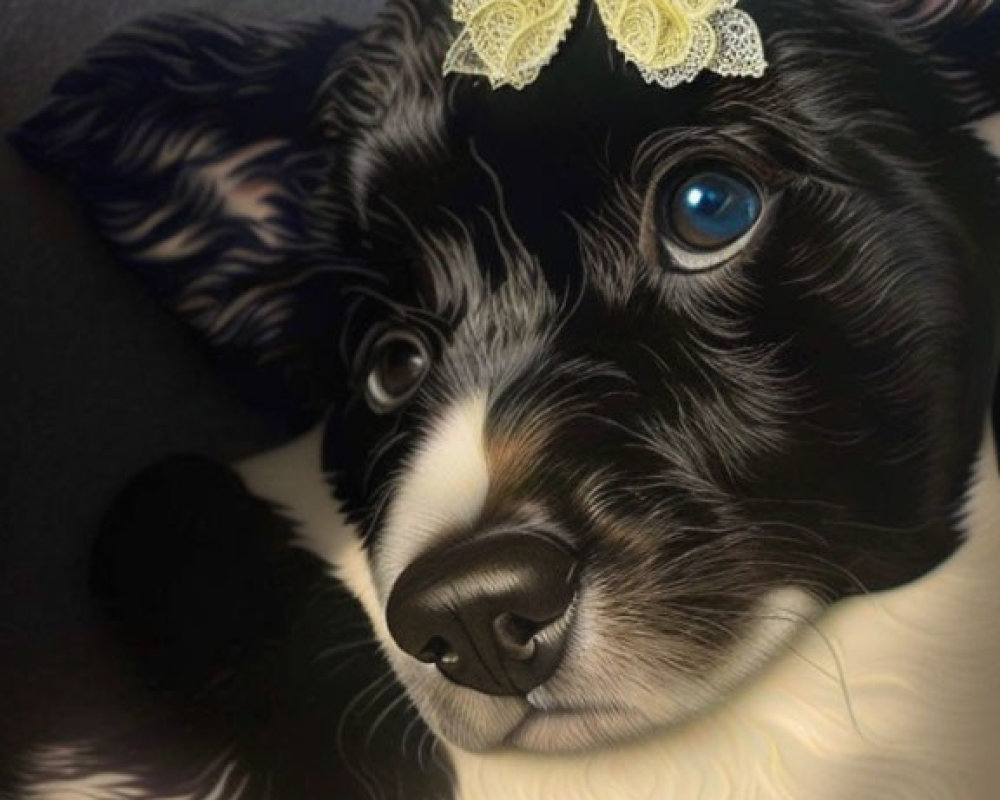 Black and white dog with one blue eye and butterfly in sunlight