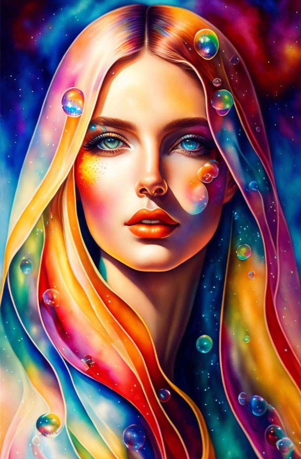 Colorful digital painting: Woman with flowing hair and luminescent bubbles in cosmic setting