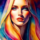 Colorful digital painting: Woman with flowing hair and luminescent bubbles in cosmic setting