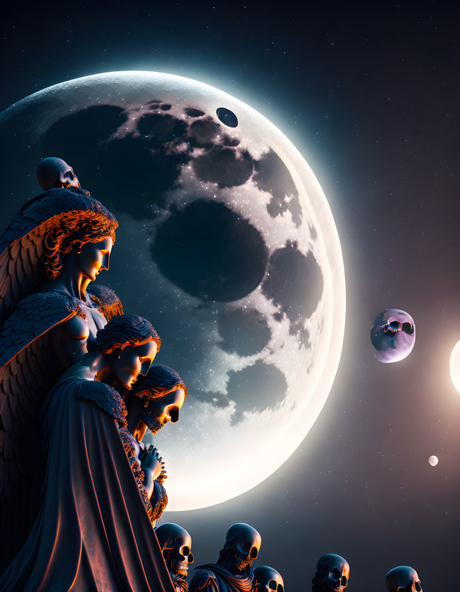 Surreal Artwork: Angelic statues, skulls, moon, planets, starry sky