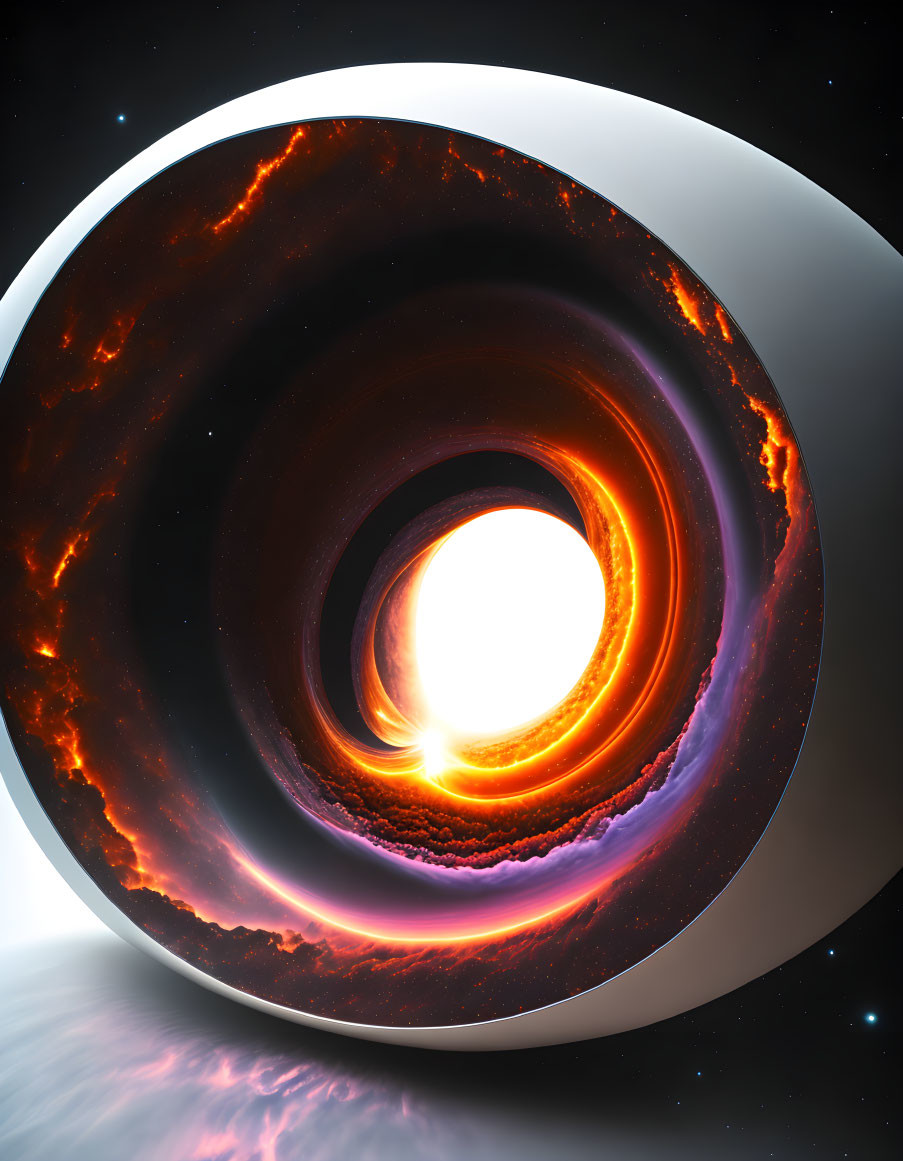 Detailed digital illustration of interstellar black hole with glowing accretion disk in starry space.