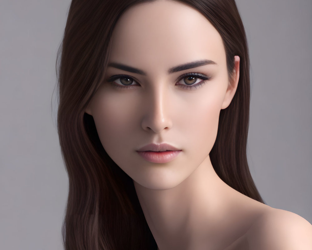 Digital portrait of woman with long brown hair and striking eyebrows