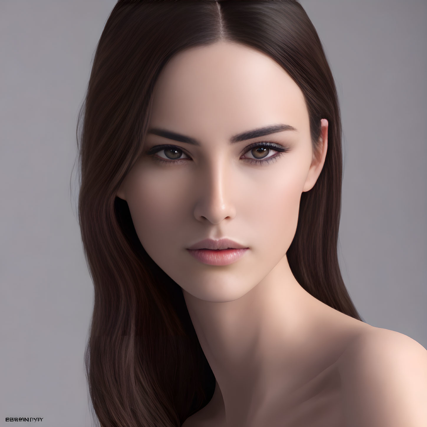 Digital portrait of woman with long brown hair and striking eyebrows