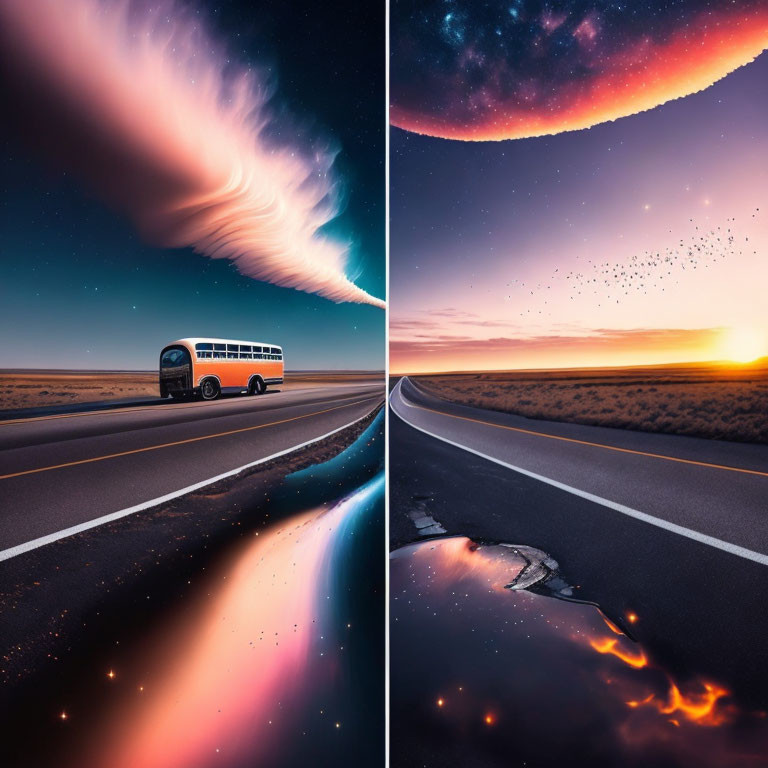 Split-image of road: bus under colorful sky vs. cracked lava ground