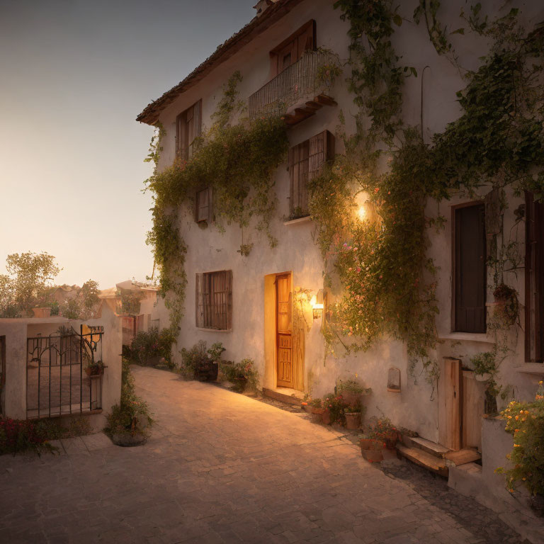 Cozy white house with glowing lights and green vines at dusk