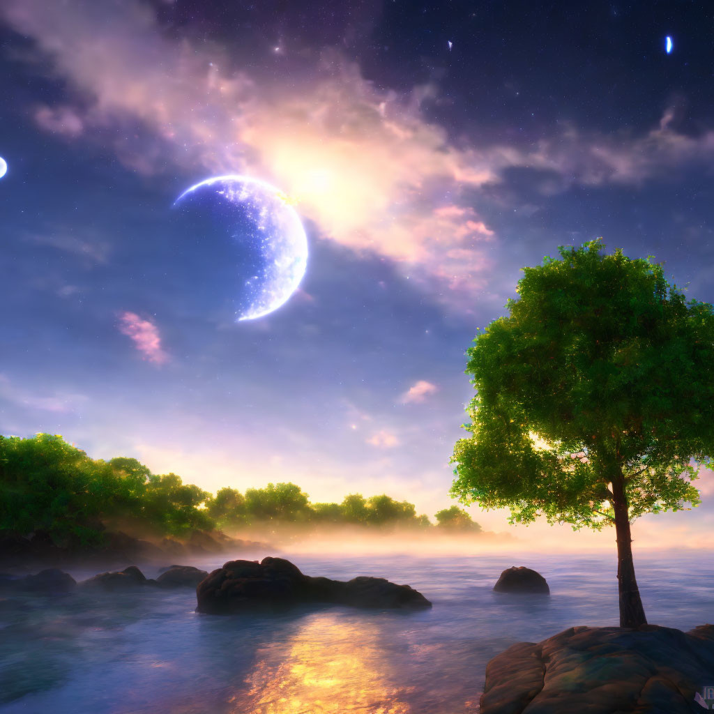 Luminous crescent moon and stars over serene river landscape