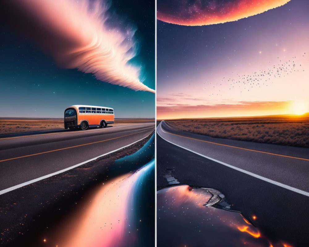 Split-image of road: bus under colorful sky vs. cracked lava ground