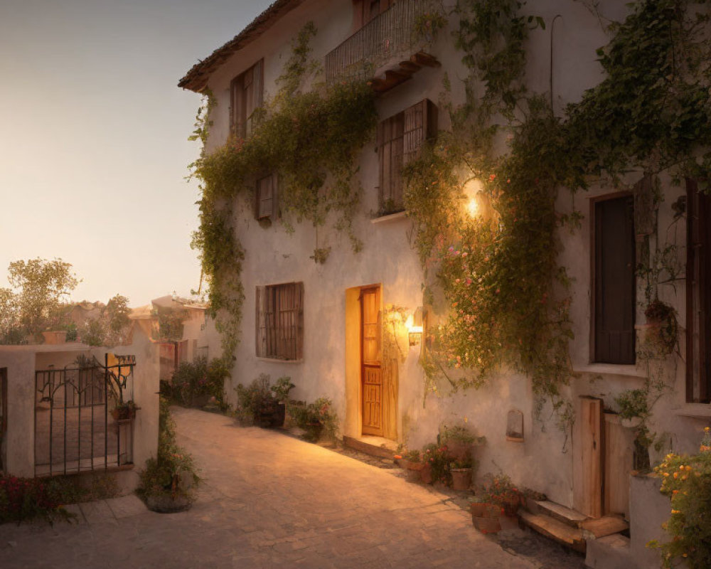 Cozy white house with glowing lights and green vines at dusk