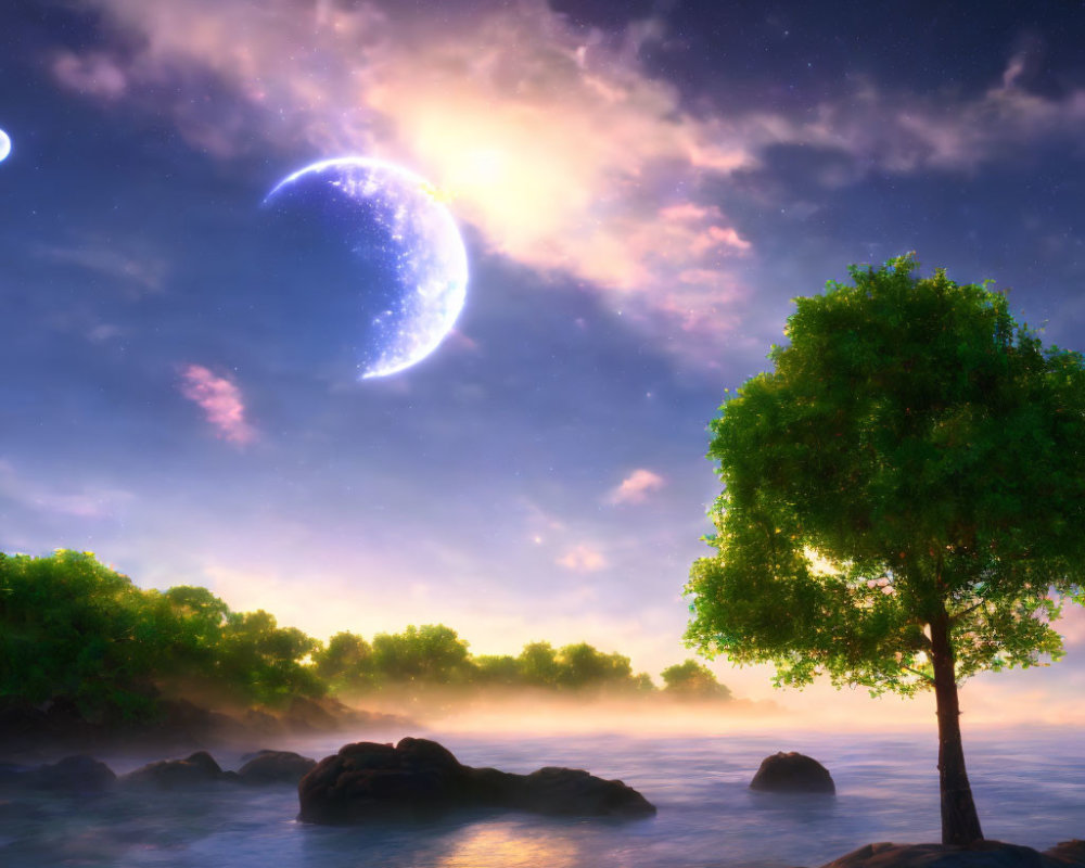 Luminous crescent moon and stars over serene river landscape