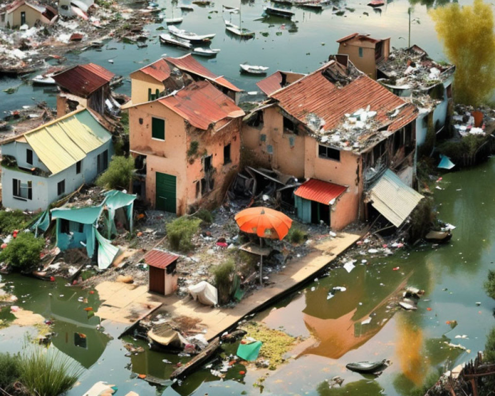 Submerged Houses and Boats in Flooded Area with Debris