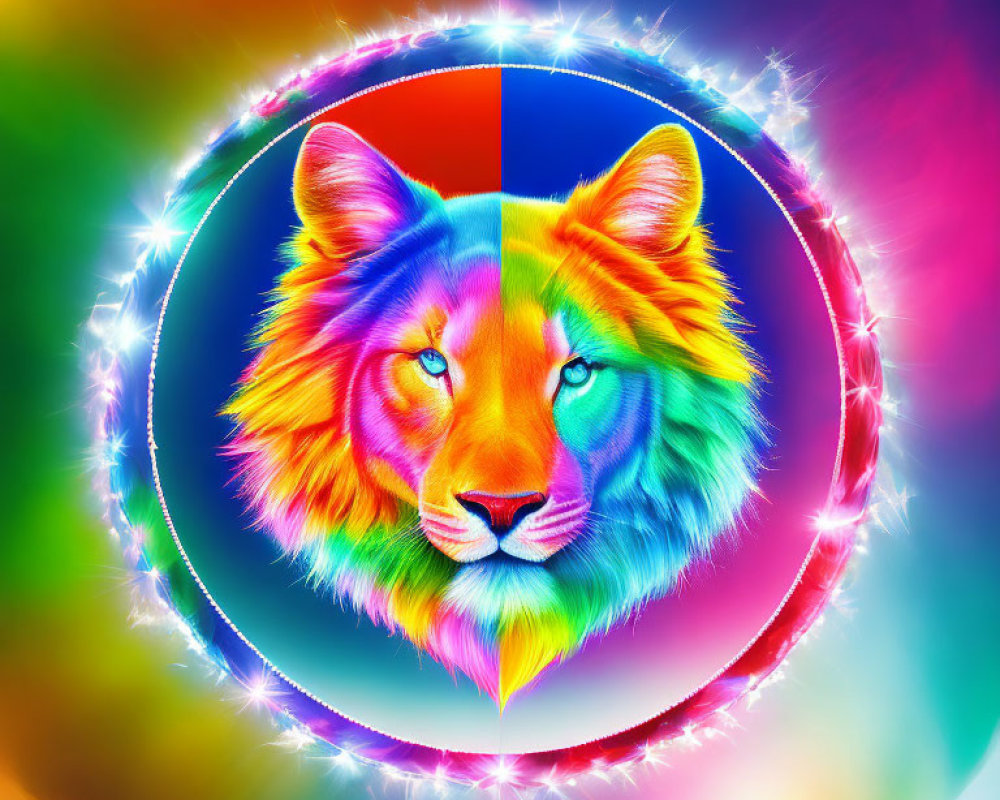 Colorful Lion Image with Vibrant Mane and Glowing Frame