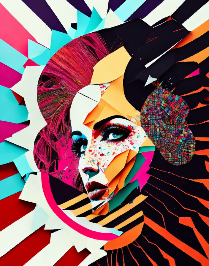 Vibrant collage of woman's face with abstract geometric shapes in red, yellow, blue, and