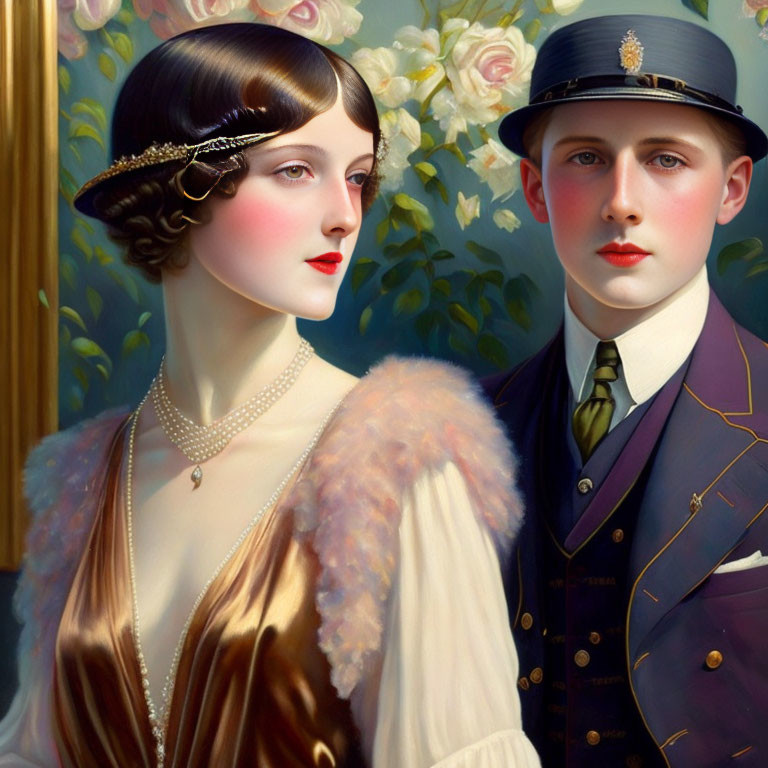 1920s style painting featuring elegant woman and man in uniform