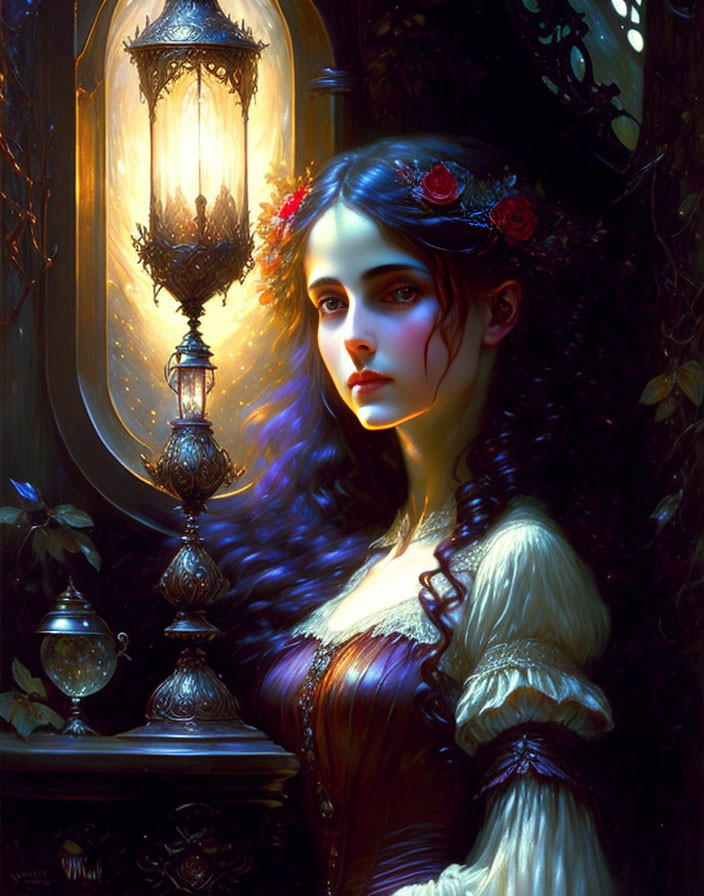 Dark-haired woman with red floral headband beside ornate lamp in painting.