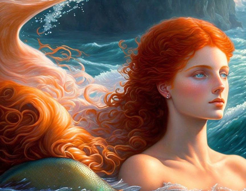 Surreal portrait of woman with red hair merging with ocean waves