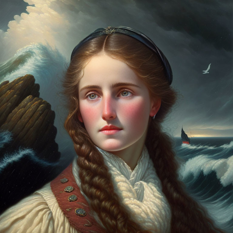 Young woman in historical attire with braided hair against stormy seascape.