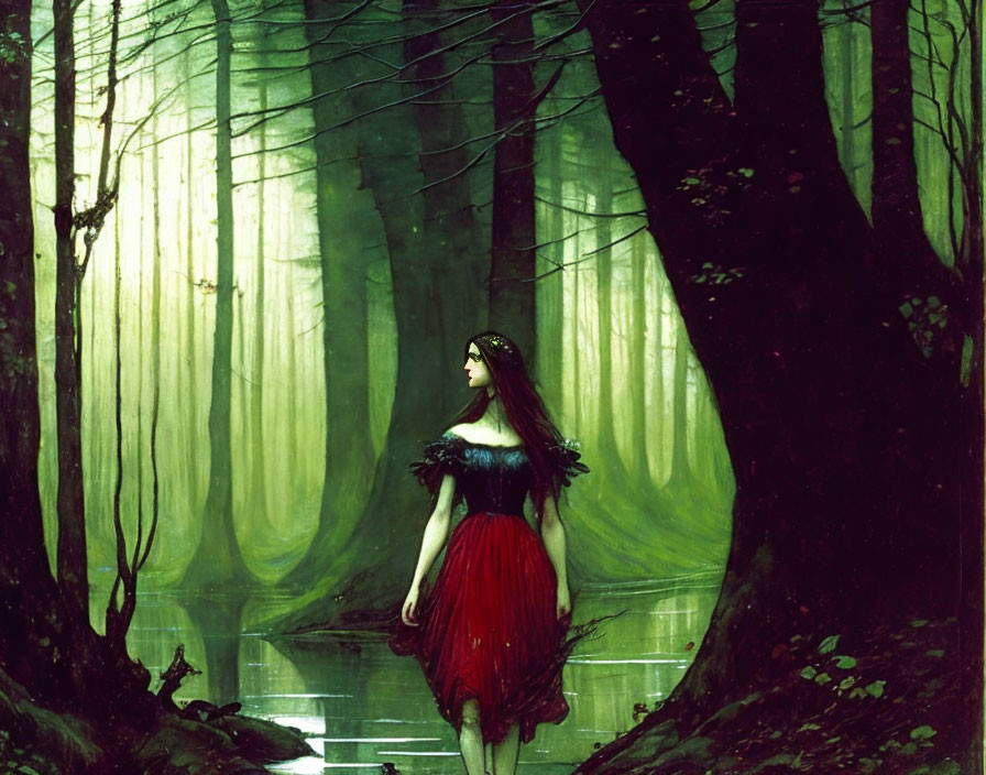 Woman in Red Dress Stands in Mystical Green Forest