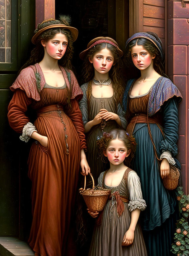 Four individuals in classical attire with baskets, posed by a door