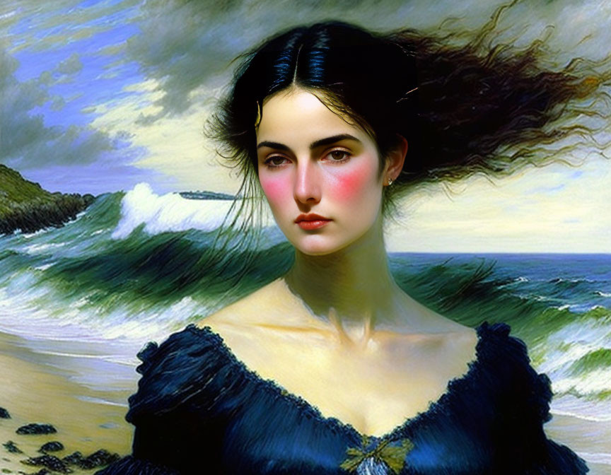 Classic Portrait of Woman with Dark Hair and Fair Skin Against Tumultuous Sea Waves