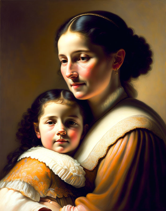 Oil painting of serene woman with child embracing, dark eyes, rosy cheeks