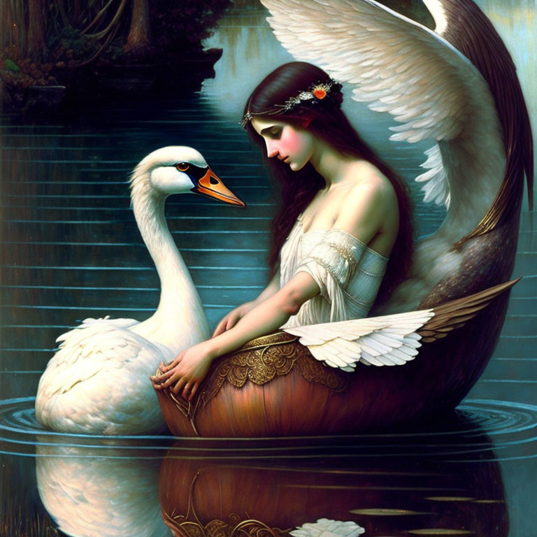 Illustration of woman with swan wings and bird on water in mystical forest