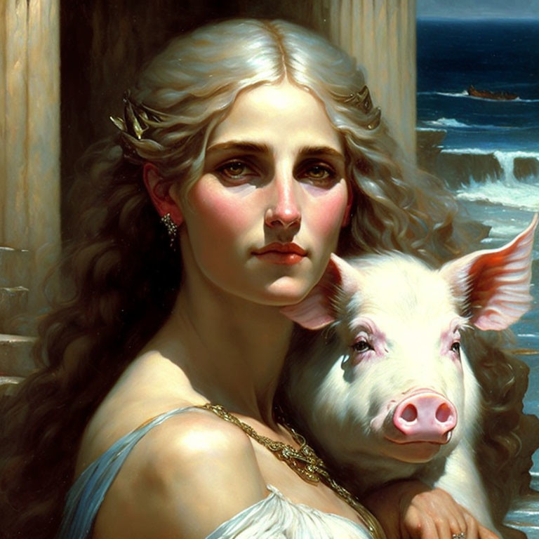 Portrait of Woman with Curly Hair in Blue Dress Holding Piglet by Seashore