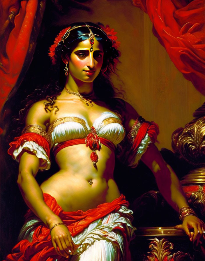 Exotic woman in historical attire with elaborate jewelry on warm background.