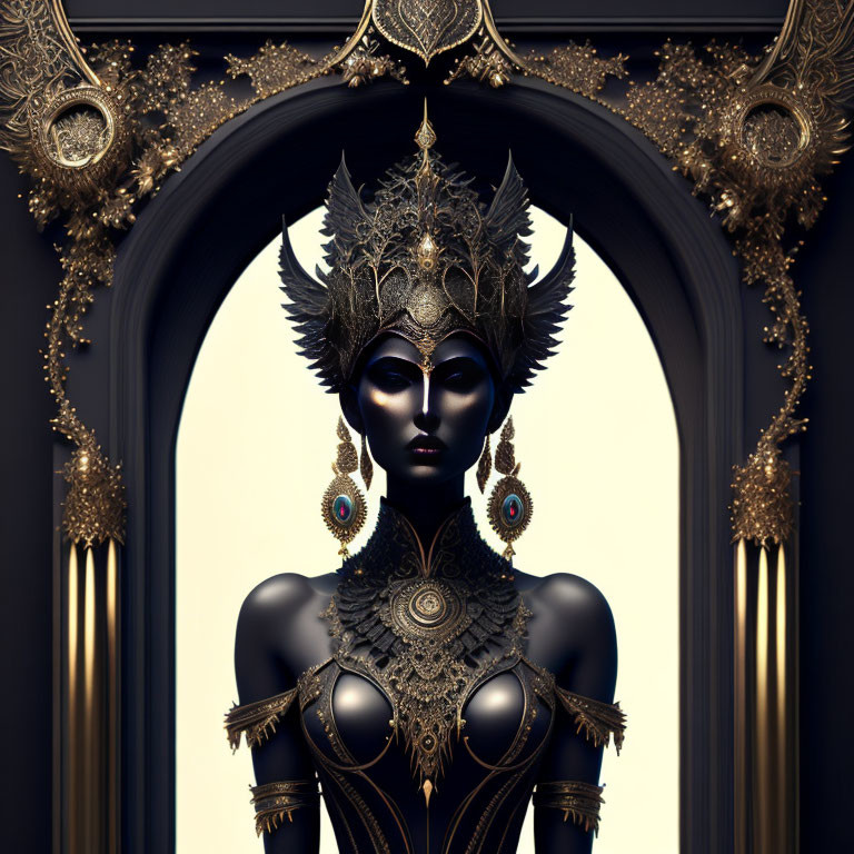 Regal figure with golden headgear and jewelry on dark background