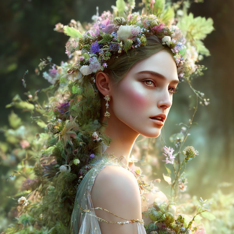 Woman with floral crown in lush green background exudes fairy-tale aura