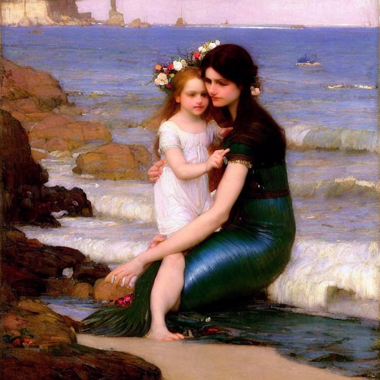 Vibrant green-tailed mermaid with young girl on sea rock, ships in distance