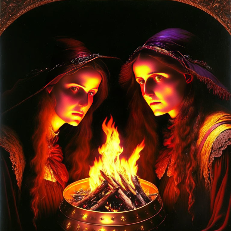 Two women in mystical attire gazing into a burning cauldron in warm light