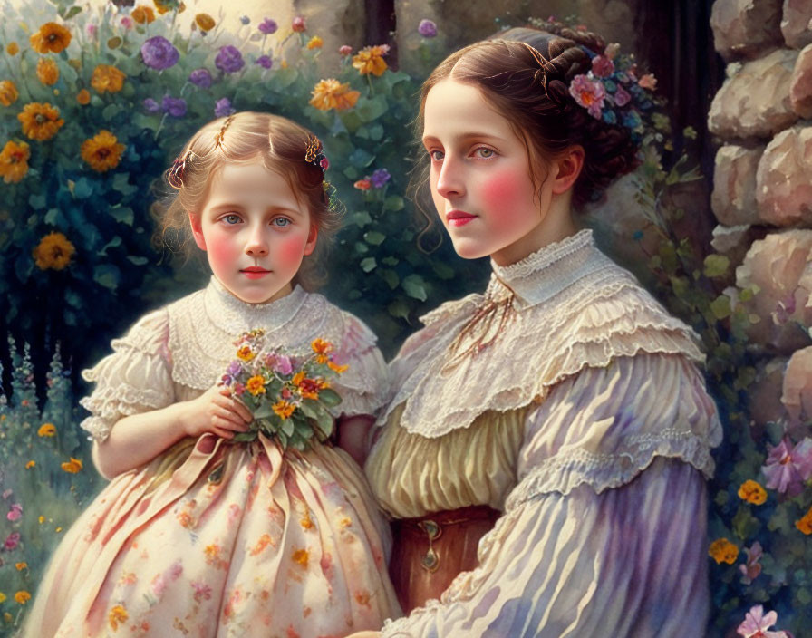 Victorian-era style painting of young woman and child in period dresses with lush flowers and stone wall